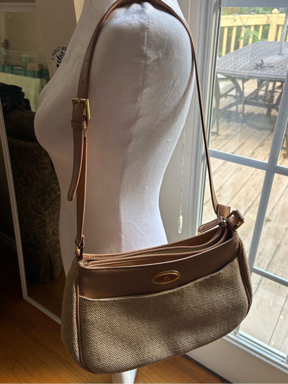 Vintage Etienne Aigner Boho Straw and Tan Faux Leather Bag